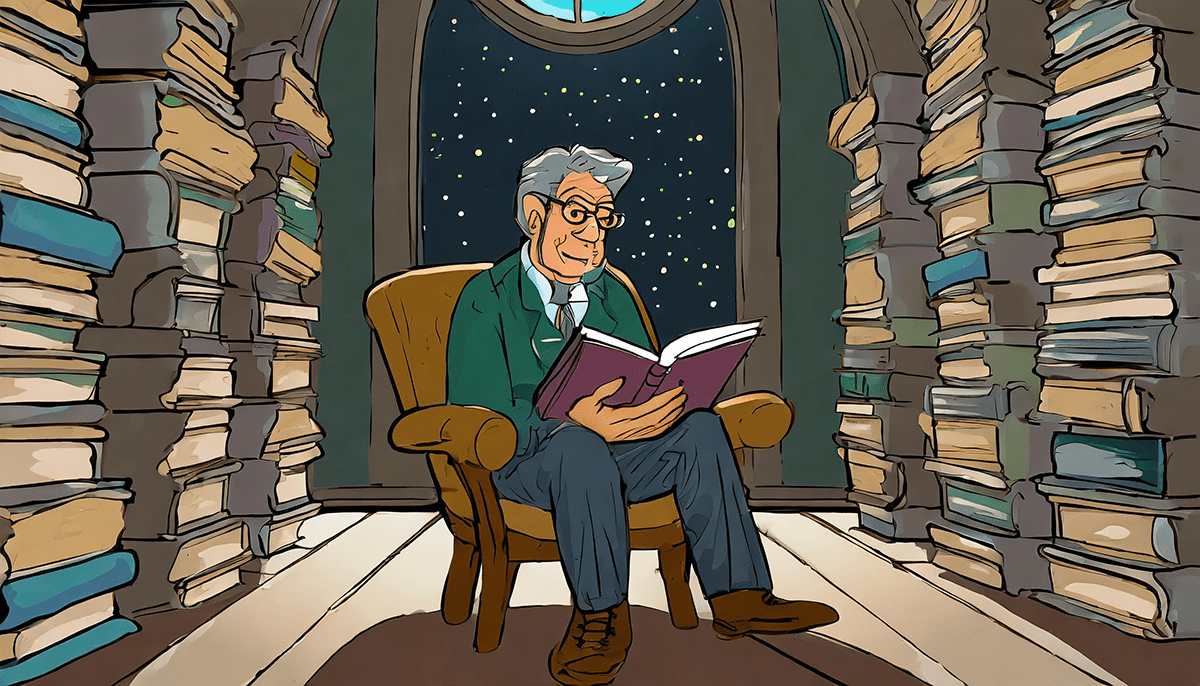 An older man sitting in a chair reading a book. He is seated in a room that is stacked from floor to ceiling with books. Outside a large window is the night sky.