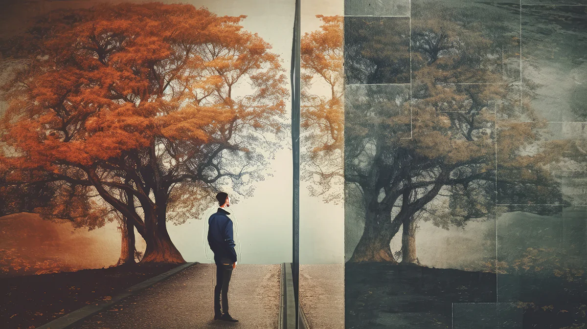 A man standing on a path staring through a mirror wall. On one side of the wall there is a tree with orange leaves and light sky. On the other side there is a reflection of the same image but with dark and dreary colors.
