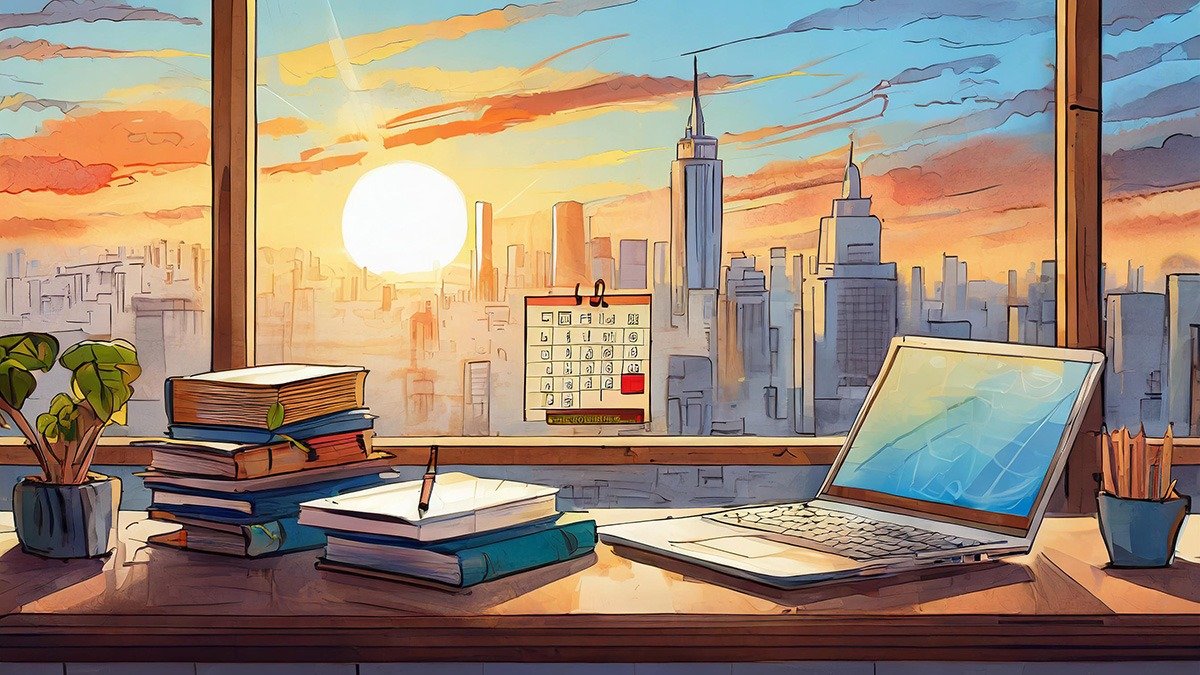 A stack of books and laptop laying on a desk. Outside a large window there is a city skyline. Stuck to the inside of the window is a calendar.