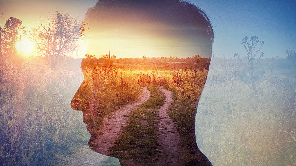 silhouette of a mans face over a serene view of a field at sunset. A dirt road cuts through the field with wild flowers growing on each side.