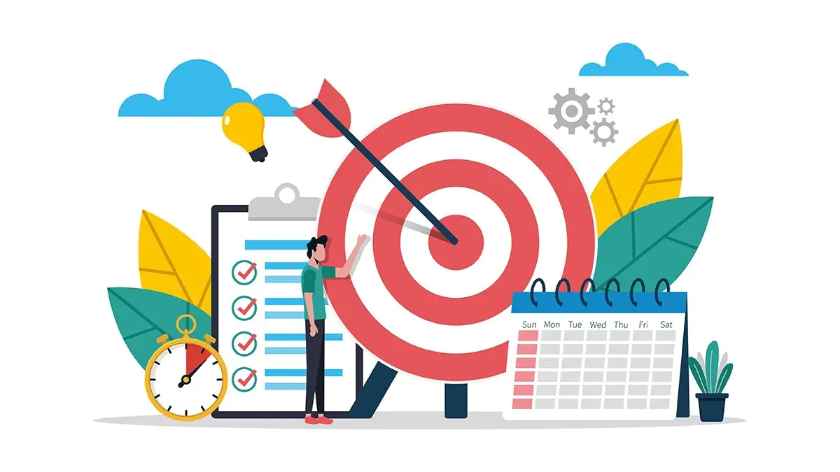 GoalFrameworks An array of objects that embody the idea of setting goals such as a target with an arrow in it, a calendar, and a checklist.