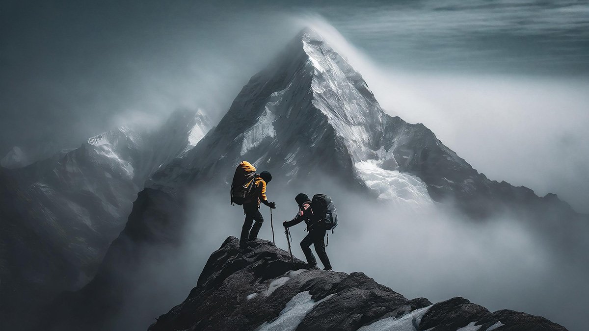 Two men climbing a snowy mountain denoting support and guidance