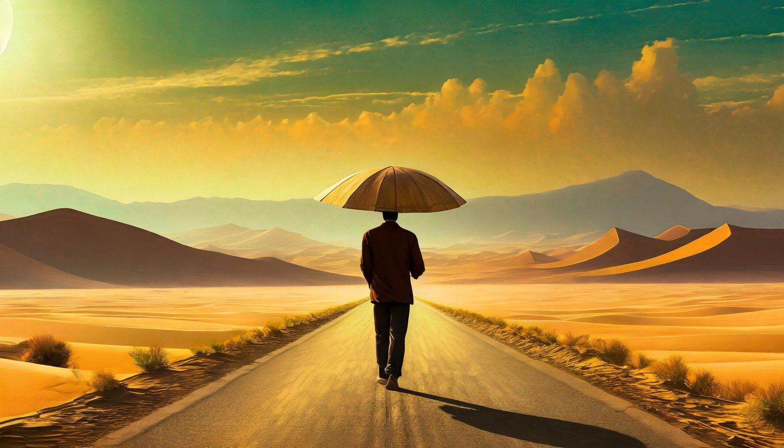 A man walking down a road that cuts through the desert. He's holding an umbrella to protect him from the sun.