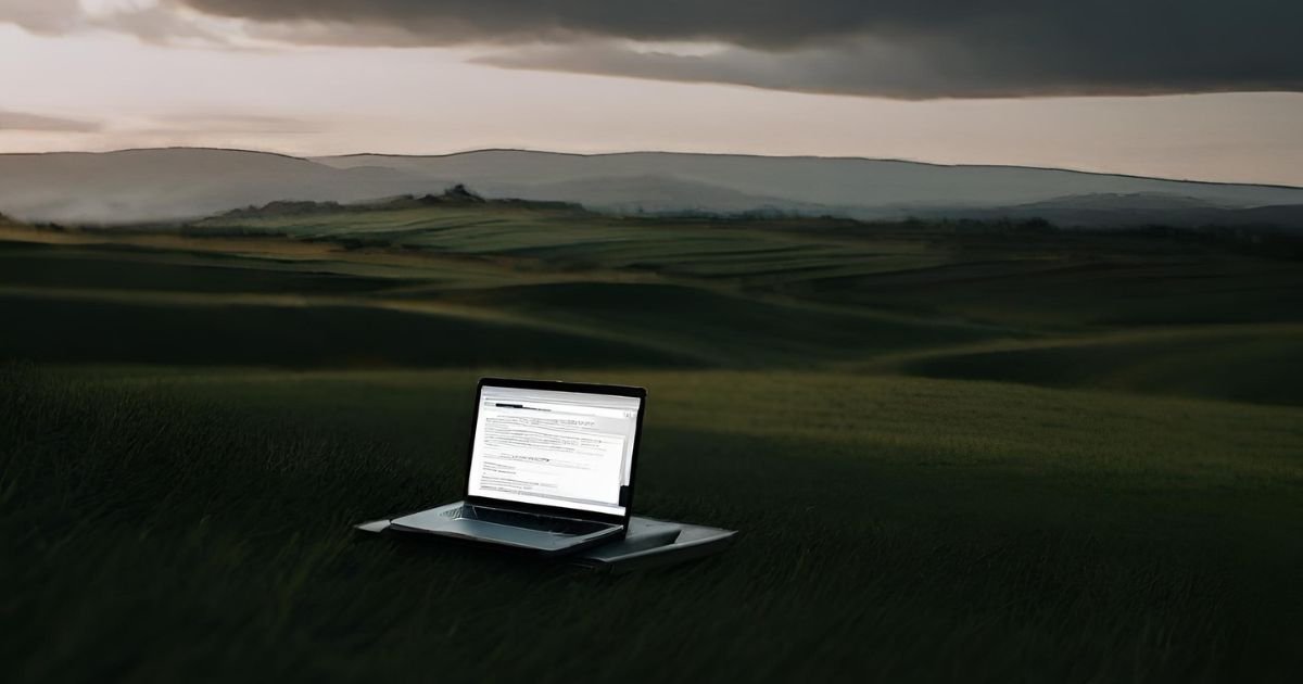 An open laptop sitting alone in the middle of a serene landscape at dusk.