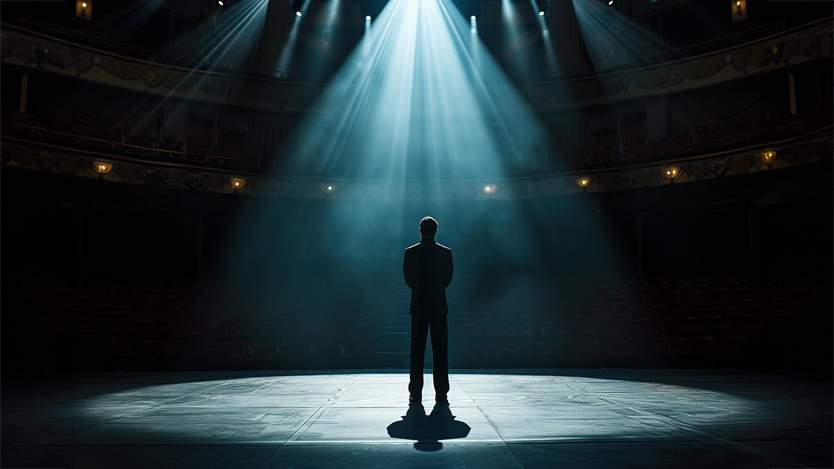 An anonymous man standing in a spotlight on stage.